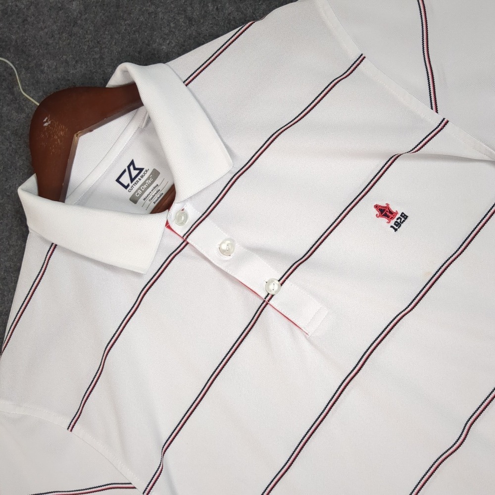 Cutter & Buck Mens White Striped CB DryTec Polo Shirt Large Short Sleeve